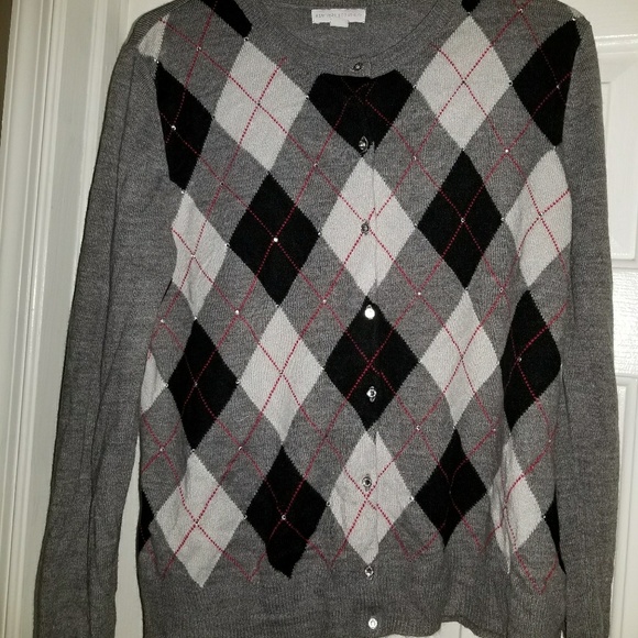 New York & Company Sweaters - NY&Co Argyl Button Up Sweater w/ Rhinestones